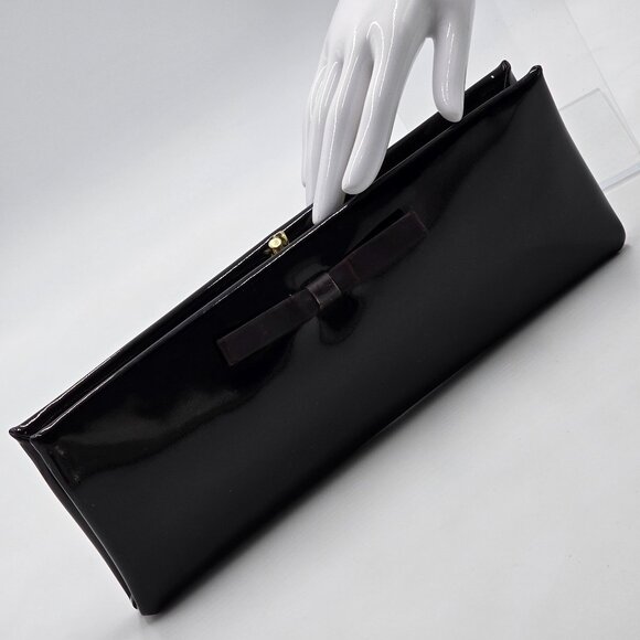 Henry Levine – Vintage Black Patent Clutch / Handbag with Bow Accent - Picture 8 of 16